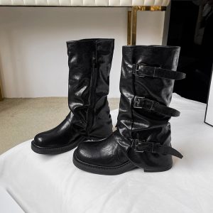 2026 Autumn Winter Retro Chunky Sole Western Boots for Women with Buckle Detail Black