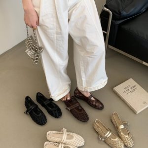 2026 New Korean Style Handwoven Hollow One-Strap Flat Shoes for Women Low Top Fisherman Mary Jane Shoes