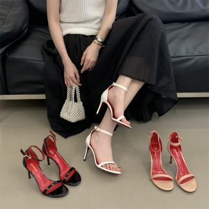 2026 Summer New Sexy Open Toe High Heel Sandals with One Strap and Red Sole for Women Simple Versatile Retro Style