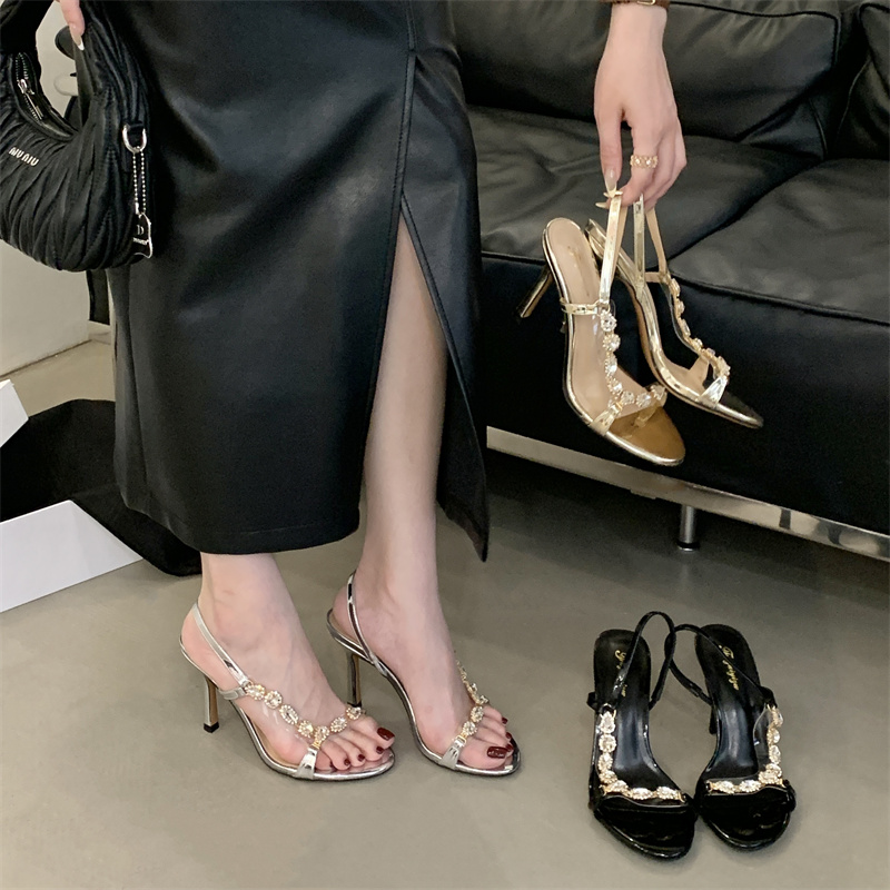 2026 Summer Women's Rhinestone Open Toe Stiletto Heel Gold Sandals Luxury Style One-Strap High Heels