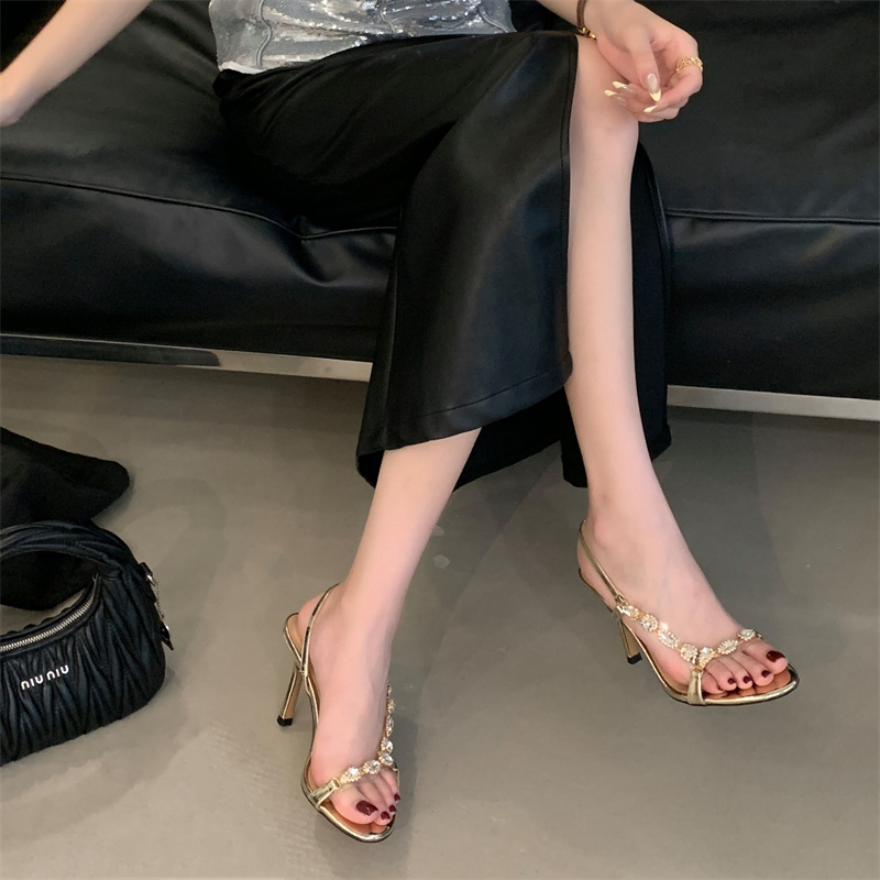 2026 Summer Women's Rhinestone Open Toe Stiletto Heel Gold Sandals Luxury Style One-Strap High Heels - Image 4