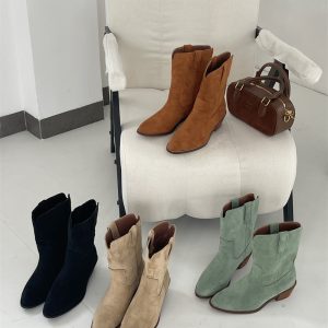 Cowhide Leather Suede Mid-Calf Western Cowboy Boots for Women Retro Desert Boots Low Heel Stylish Short Boots