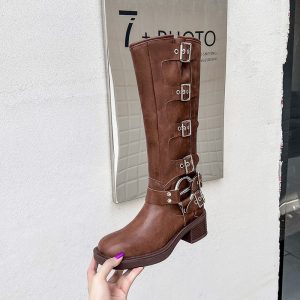 Fashion Long Boots Hard Shaft Wide Calf Riding Boots Thick Sole Miu Style Black Motorcycle Boots Women Summer