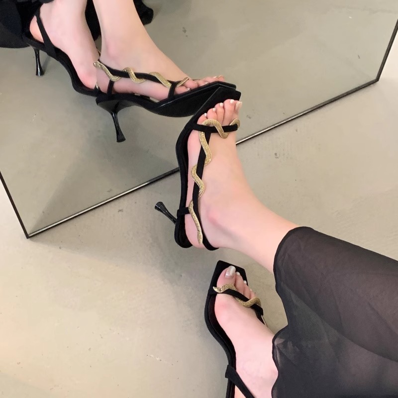 Fortune One Foot Snake Winding Thin Strap Sandals Women 2026 Summer New French Rhinestone Thin Heel One-Bar Sandals - Image 2