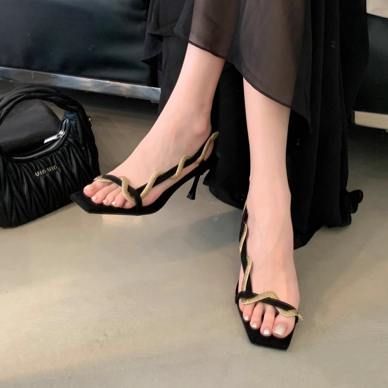 Fortune One Foot Snake Winding Thin Strap Sandals Women 2026 Summer New French Rhinestone Thin Heel One-Bar Sandals - Image 3