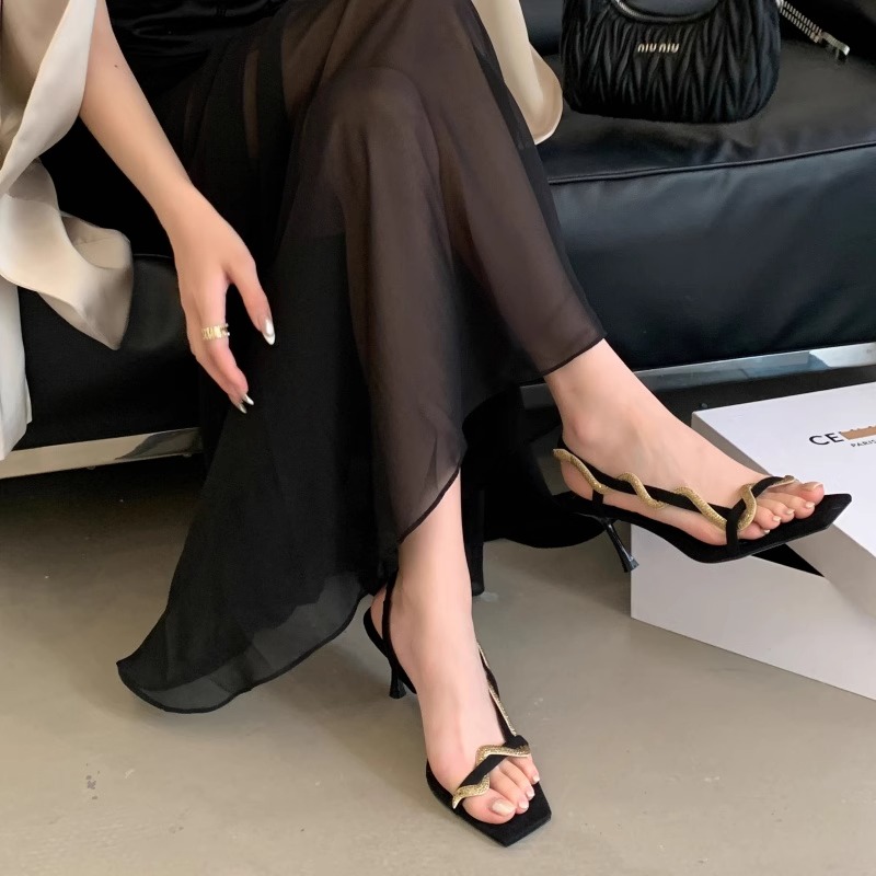 Fortune One Foot Snake Winding Thin Strap Sandals Women 2026 Summer New French Rhinestone Thin Heel One-Bar Sandals - Image 4