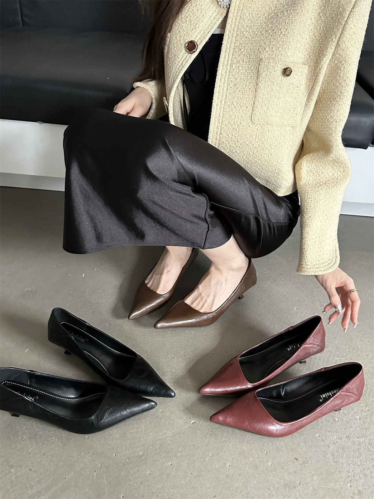 French Elegant Black Women's Shoes 2024 New Autumn Winter Pointed Toe Thin Heel Red High Heels