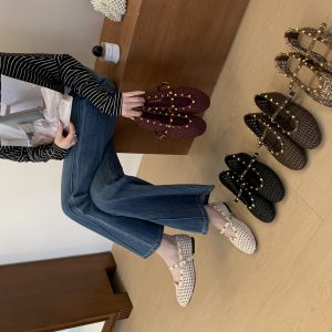 JIAMANNI Woven Hollow Breathable French Retro Rivet Flat Shoes for Women 2026 Autumn New Round Toe Slip-On