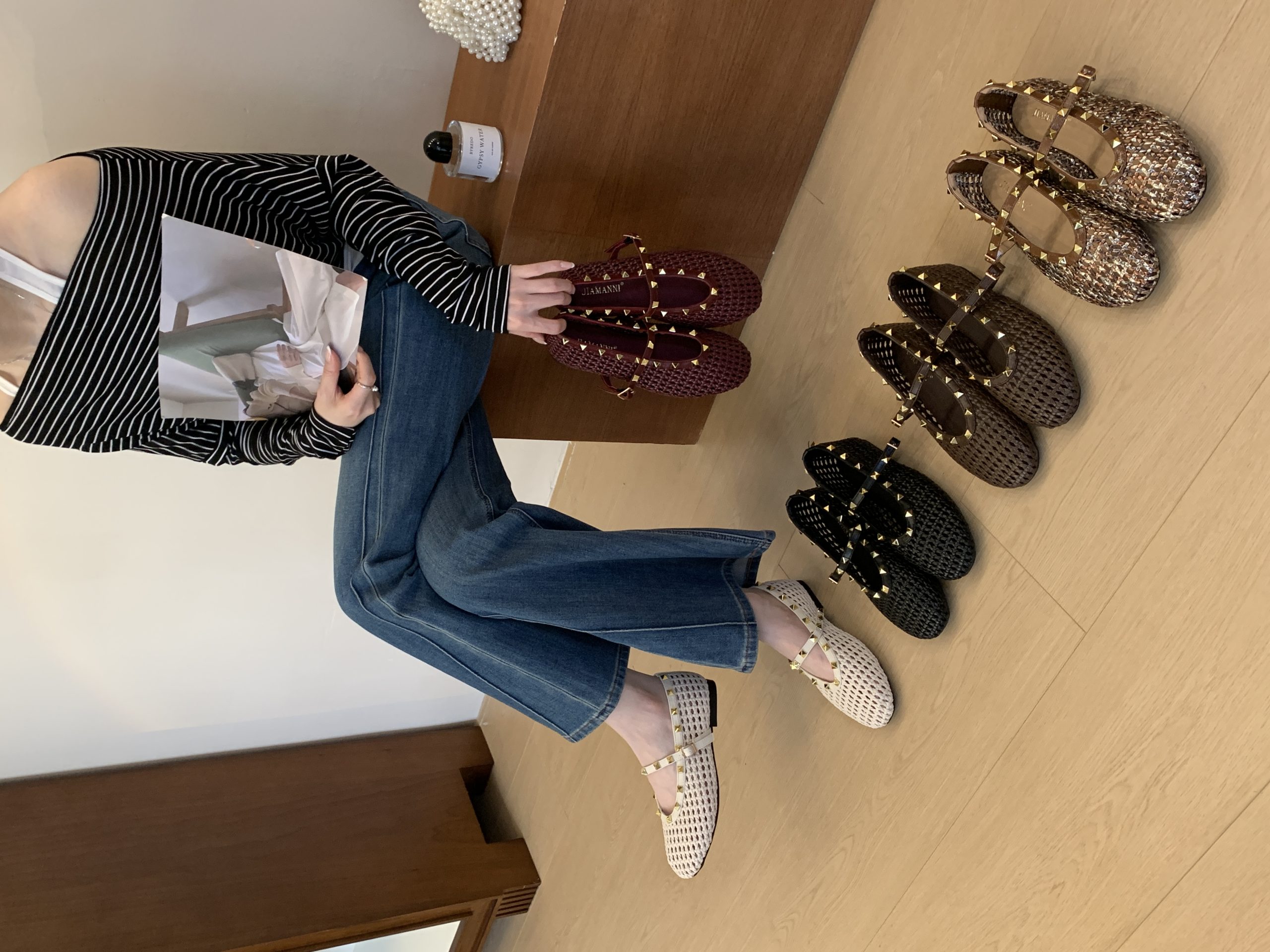 JIAMANNI Woven Hollow Breathable French Retro Rivet Flat Shoes for Women 2026 Autumn New Round Toe Slip-On