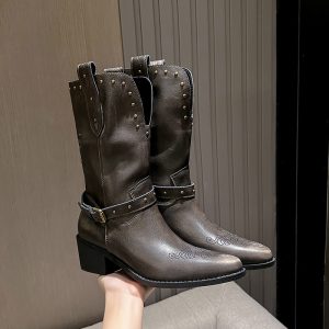 Maillard Style Chunky Heel Western Cowboy Boots for Women 2026 Autumn Winter Rivet Knight Boots Wasteland High Heel Martin Boots