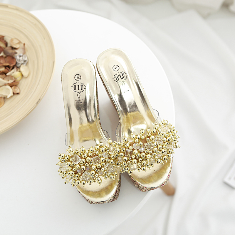 Platform High Heel Sandals for Women 2025 Summer New Style Thick Sole Flip Flops Glitter Handmade Beaded Outdoor Slippers - Image 4