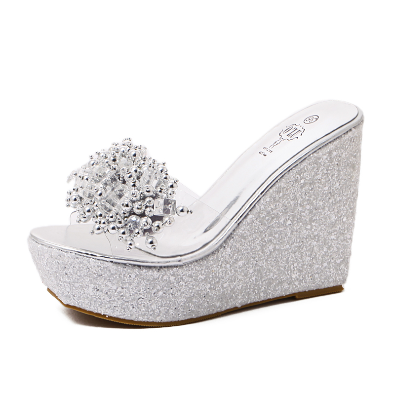 Platform High Heel Sandals for Women 2025 Summer New Style Thick Sole Flip Flops Glitter Handmade Beaded Outdoor Slippers - Image 5