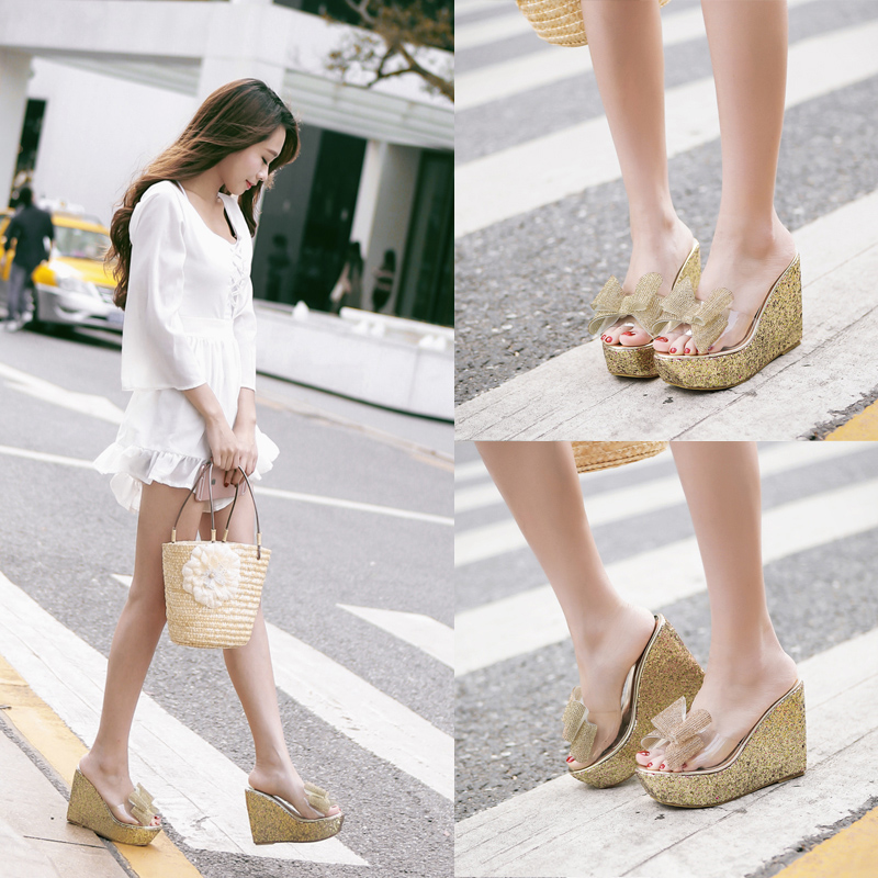 Rhinestone Bow High Heel Slippers for Women 2025 New Round Toe Sequins Versatile One-Band Slippers - Image 2