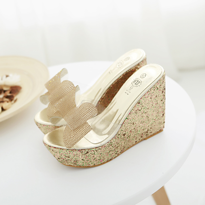 Rhinestone Bow High Heel Slippers for Women 2025 New Round Toe Sequins Versatile One-Band Slippers - Image 4