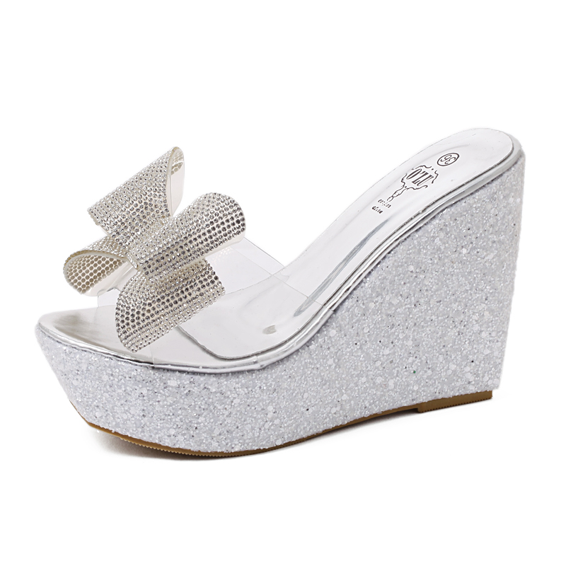 Rhinestone Bow High Heel Slippers for Women 2025 New Round Toe Sequins Versatile One-Band Slippers - Image 5