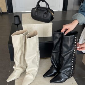 Trendy Pearl Silver Pointed Toe Platform Boots for Women - Japanese Style High Top Boots with Double Zipper