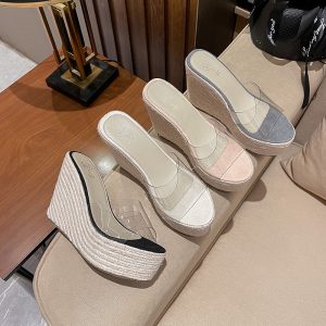 Women's Platform Wedge Sandals with Transparent Strap and Woven Espadrille Sole