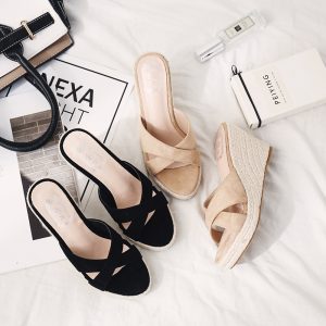 Women's Woven Wedge Slippers Summer Platform Thick Sole Strappy Black High Heel Sandals